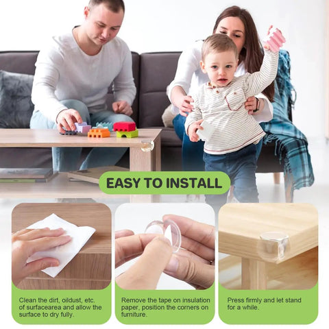 Family installing Thirty Piece Clear Baby Corner Protectors Big Time Tough Soft PVC Edge Guards on a wooden table.
