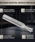 Tough As Nails Heavy Duty Four Flute Dovetail Bit Cutter End Mill Featuring Cemented Carbide Straight Shank, displayed on a work surface.
