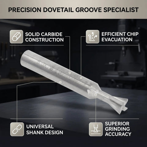 Tough As Nails Heavy Duty Four Flute Dovetail Bit Cutter End Mill Featuring Cemented Carbide Straight Shank, displayed on a work surface.