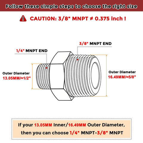 Diagram of Rock Solid Three Eighths Inch NPT To One Quarter Inch NPT Stainless Steel Hex Nipple Hose Connector Adapter dimensions