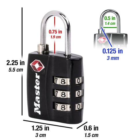 TSA Approved Luggage Lock With Wide Lock Body And Thin Steel Shackle, Resettable 3-Digit Combination, Black with dimensions shown