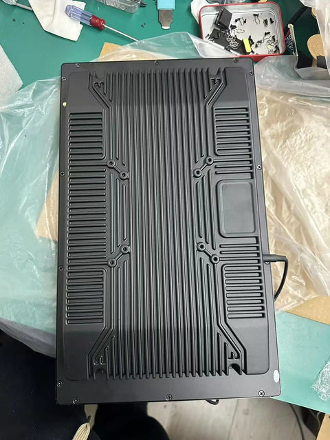 Underside view of Heavy Duty 15.6 Inch Industrial Tablet Pc Featuring Tough As Nails Android Touchscreen aluminum chassis.
