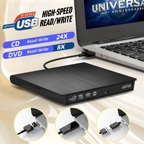 External CD DVD Drive Portable USB 3.0 And USB-C CD RW Drive For Laptop And Desktop, black slim drive with USB cable connected
