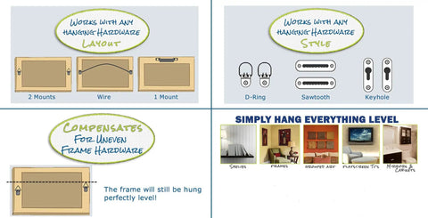 Diagram showing All In One Picture Hanging Tool With Built In Ruler And Level for various mounting styles and decor settings.