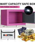 Fireproof Safe Box With Sensor Light And Digital Keypad Small Home Money Safe For Cash And Jewelry Security Safe Box Zero Point Twenty Three Cubic Feet Pink With Fireproof Bag Compact Build And Quick Access Passcode, showing open pink safe with sensor light and fireproof bag next to coins and passports.