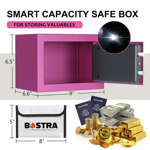 Fireproof Safe Box With Sensor Light And Digital Keypad Small Home Money Safe For Cash And Jewelry Security Safe Box Zero Point Twenty Three Cubic Feet Pink With Fireproof Bag Compact Build And Quick Access Passcode, showing open pink safe with sensor light and fireproof bag next to coins and passports.