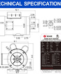 Technical specifications of Tough As Nails 3/4 Horsepower Electric Motor at 1725 RPM with detailed dimensions.