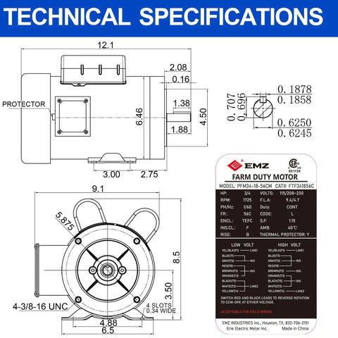 Technical specifications of Tough As Nails 3/4 Horsepower Electric Motor at 1725 RPM with detailed dimensions.