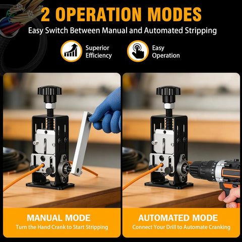 Drill Powered Wire Stripper Machine 0.06-1 Inch Adjustable Hand Crank operation modes, manual and automated, for wire stripping