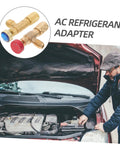 Heavy Duty Brass Refrigerant Valve Adapter Swaps R410 To R22 Smooth As Silk For Car Ac And Ev Coolers No Sweat Plug Right In Quick Install Fitting Kit With Injector with automotive technician checking car engine.