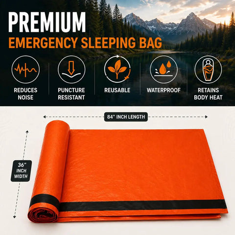 Emergency Sleeping Bag Reflective Mylar Heat Retention, Lightweight Portable Survival Gear, 84x36 inches, rolled and unrolled views.
