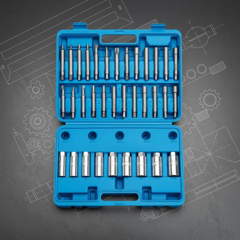 Pro Grade Shock Absorber Strut Wrench Set With Piston Rod Holding Tools Comprehensive Strut Nut Socket Kit CR Build Labeled Pieces For Pro Workshops Easy Suspension Service And Parts Replacement, blue 39-piece case