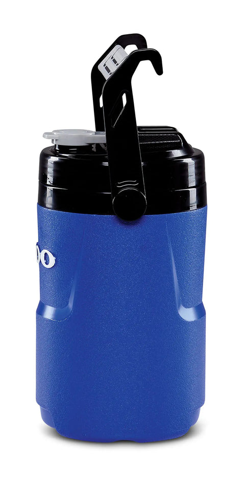 Half-Gallon Pro Blue Beverage Cooler With Secure Flip Cap, shown with wide mouth and easy-grip lid, fully insulated design