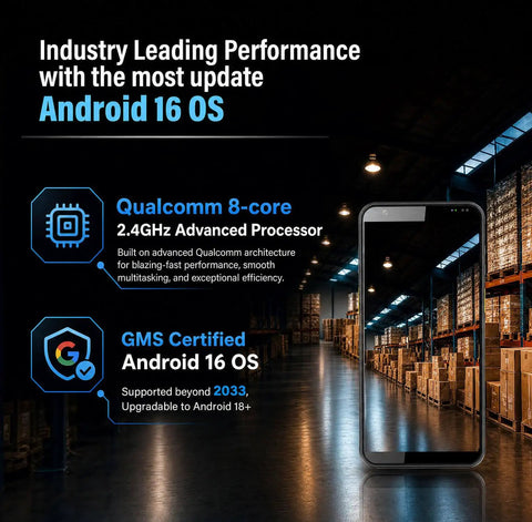 Boss Grade Android 16 Handheld Barcode Scanner For Enterprise shown with Qualcomm 8-core processor and Android 16 OS features