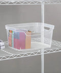 Solid As A Rock Clear Storage Bins Three Pack Tough As Nails Transparent Plastic Crates Built For Closet Shelf And Garage Organizing Zero Fuss Setup Measuring 14 By 11 By 7 Inches on a metal shelf with towels.