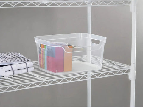 Solid As A Rock Clear Storage Bins Three Pack Tough As Nails Transparent Plastic Crates Built For Closet Shelf And Garage Organizing Zero Fuss Setup Measuring 14 By 11 By 7 Inches on a metal shelf with towels.