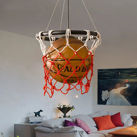 Basketball Hoop Pendant Light With Net and Acrylic Shade hanging in living room, vintage style with easy install kit included.