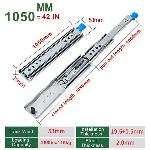 Heavy Gauge Steel Full Extension Drawer Slides With Secure Push Lock Handle And Ridiculously Smooth Ball Bearing Glide For Rugged Garage Cabinets Camper Racks And Massive Load Gear Storage, 1050mm length, 256lbs capacity.