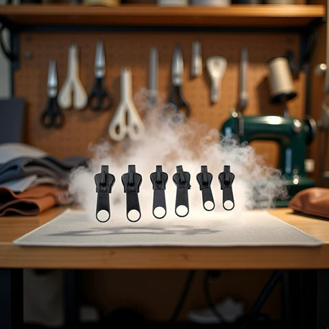 Image of a Six Pack Black Zipper Repair Kit Set with Metal Slider Universal Fix for 3 Zip Sizes on a sewing table.