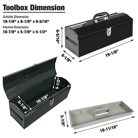 19 Inch Portable Steel Tool Box With Hip Roof Design, Heavy Duty Metal Latch Closure, Removable Storage Tray, dimensions illustration