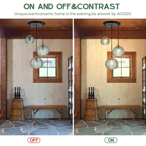 Modern 3-Light Hand-Blown Green Glass Pendant Lighting Chandelier For Kitchen Island And Dining Room lit and unlit comparison