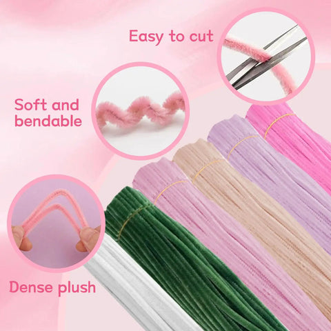 Bulk 500 Pcs Pipe Cleaners Craft Kit With 6 Color Chenille Stems For DIY Flowers Pink Pack Includes Floral Stems Stamens Glue Sticks Ribbon Tape And Floral Paper Gift For Kids Art Projects And Fun, soft plush stems