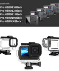 GoPro Hero 9 10 11 12 13 Waterproof Case, 196 Ft Depth Dive Housing shown with compatible cameras and rugged design.