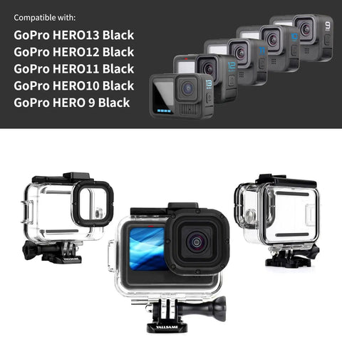 GoPro Hero 9 10 11 12 13 Waterproof Case, 196 Ft Depth Dive Housing shown with compatible cameras and rugged design.