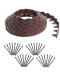 Scalloped Top No Dig Landscape Edging With Extra Anchoring Spikes In Red 100 Foot Kit Flexible Recycled Plastic Border For Easy Ground Prep And A Wood Grain Look Yard Border shown with included spikes