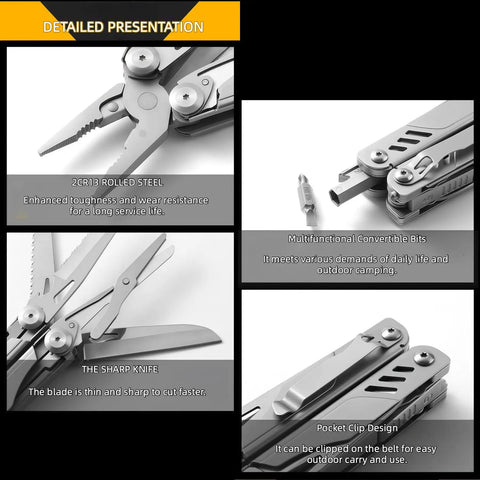 Close-up of Everyday Carry Ready Eighteen In One Stainless Steel Multitool Pliers with 2CR13 steel blades and convertible bits.