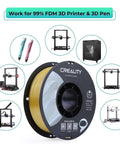 Multi Color Silk PLA Filament 1.75mm For 3D Printing spool with various compatible 3D printers and pens in the background.