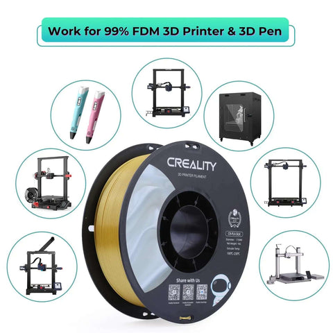 Multi Color Silk PLA Filament 1.75mm For 3D Printing spool with various compatible 3D printers and pens in the background.