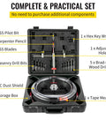 Adjustable Hole Saw Cutter Kit Pro Grade Heavy Duty Set for Recessed Lights and Ceiling Speakers in open storage box showcasing various components like blades, pilot bits, and dust shield.
