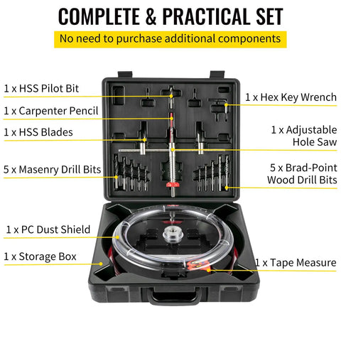 Adjustable Hole Saw Cutter Kit Pro Grade Heavy Duty Set for Recessed Lights and Ceiling Speakers in open storage box showcasing various components like blades, pilot bits, and dust shield.