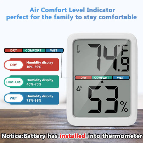 Digital Thermometer Hygrometer With Large LCD Indoor Temperature And Humidity Monitor Wall Mounted Climate Gauge For Home Office Or Greenhouse Ultra Accurate Readouts And Easy Color Coded Comfort Indicators, white display showing 74°F and 53%