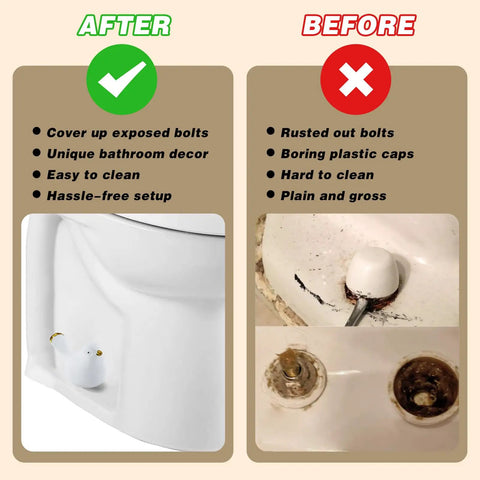 Ceramic Decorative Bird Shaped Toilet Bolt Covers 2 Pack Bathroom Hardware Upgrade Rust Free Standard Floor Mount shown compared before and after installation.