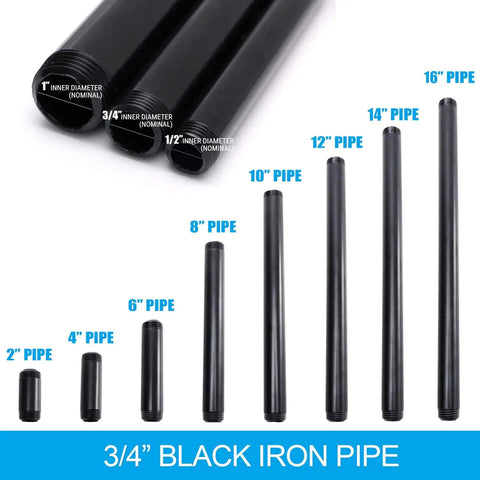 Assortment of black iron pipes in various sizes, including 3/4 inch diameter, showcasing length differences, ideal for industrial decor.