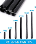 Assorted black iron pipes featuring 3/4 Inch By 14 Inch Black Painted Iron Pipe Nipple, 10 Pack, for DIY furniture and shelving projects.