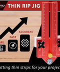 Image of Must-Have Thin Rip Jig For Table Saw And Router Table with red finish, precise scale, and cutting symbols for accuracy.