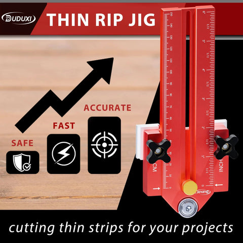 Image of Must-Have Thin Rip Jig For Table Saw And Router Table with red finish, precise scale, and cutting symbols for accuracy.