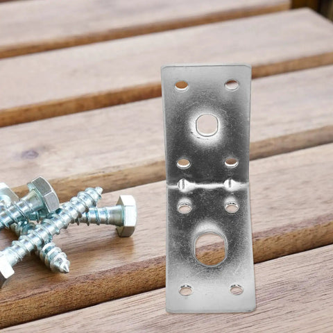 Five Pack Iron L Shelf Brackets For 90 Degree Corners Heavy Duty Steel Corner Connectors with screws on wooden background