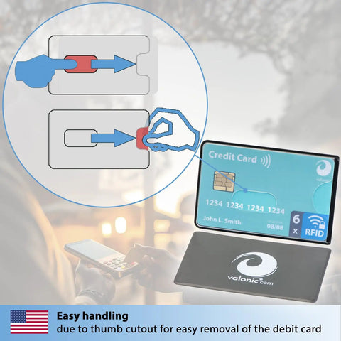 Set Of 6 RFID Blocking Card Sleeves With Transparent Front For Quick Card Visibility And Easy Access displayed in use