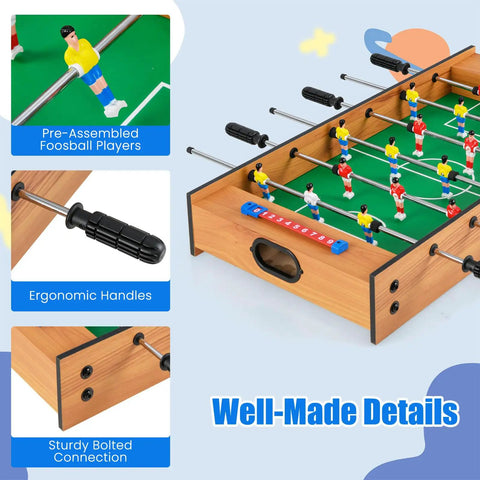 2 In 1 Swivel Mini Game Table Top Wood Foosball And Slide Hockey Combo with ergonomic handles and pre-assembled players.