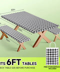 Waterproof 6 Foot Table Cover With Bench Covers And Storage Bag Elastic Fitted Picnic Tablecloth Black And White Checkered