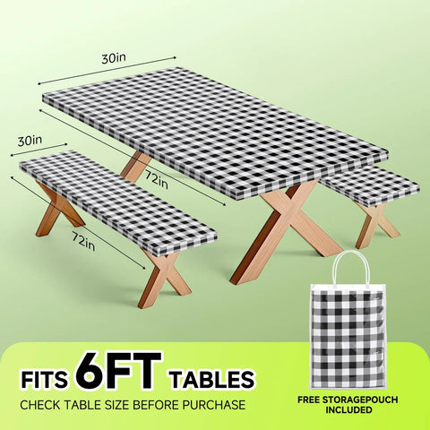 Waterproof 6 Foot Table Cover With Bench Covers And Storage Bag Elastic Fitted Picnic Tablecloth Black And White Checkered