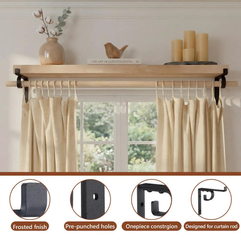 Two Pack Heavy Duty Shelf Brackets With Curtain Rod Holder 6 x 6 Inch Black Iron Wall Mount Supports For Curtains, Shelves
