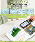 5 Inch Portable Digital Magnifier With 4X To 32X Zoom And Foldable Handle For Quick Reading On The Go A Low Vision Aid For Seniors And Kids Great For Short Reads Not Ideal For Long Books Or Novels showing zoom levels and a hand-held magnifier over a magazine.