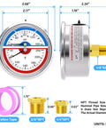 Stainless Steel Thermal Pressure Gauge 0 To 160 PSI And 30 To 250 Fahrenheit, Two And A Half Inch Dial, One Quarter Inch NPT, Liquid Filled
