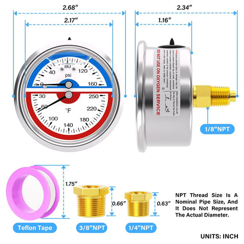 Stainless Steel Thermal Pressure Gauge 0 To 160 PSI And 30 To 250 Fahrenheit, Two And A Half Inch Dial, One Quarter Inch NPT, Liquid Filled