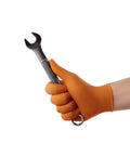 Hi Visibility Orange Nitrile Gloves 8 Mil Thick Large Heavy Duty One Size Fits Most with wrench in hand, showing grip texture